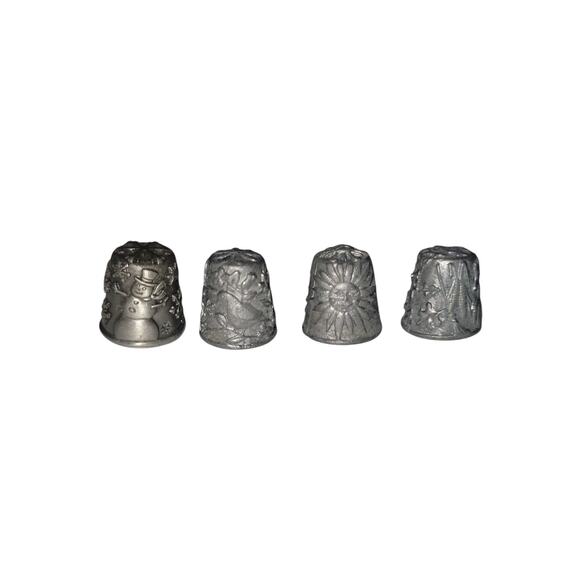 Spring Summer Fall Winter Set of 4 Vintage Pewter Thimbles Festive Art Deco T-1 - Picture 1 of 10